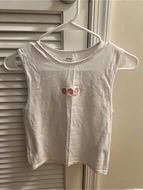 Cotton On White Fitted Tank with Coral Daisy Embroidery
